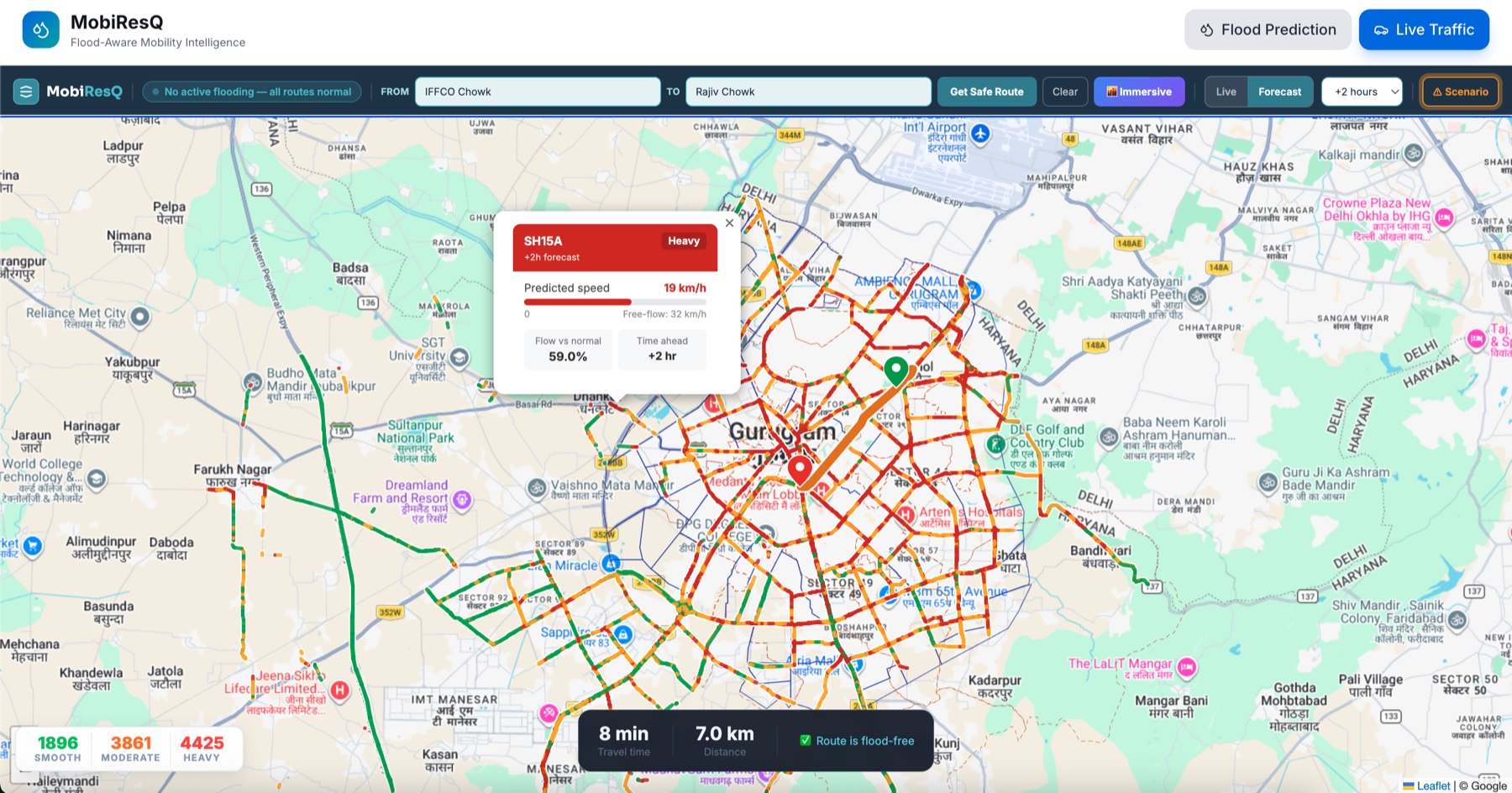 MobiResQ flood-aware route planning dashboard with predicted road conditions and traffic information